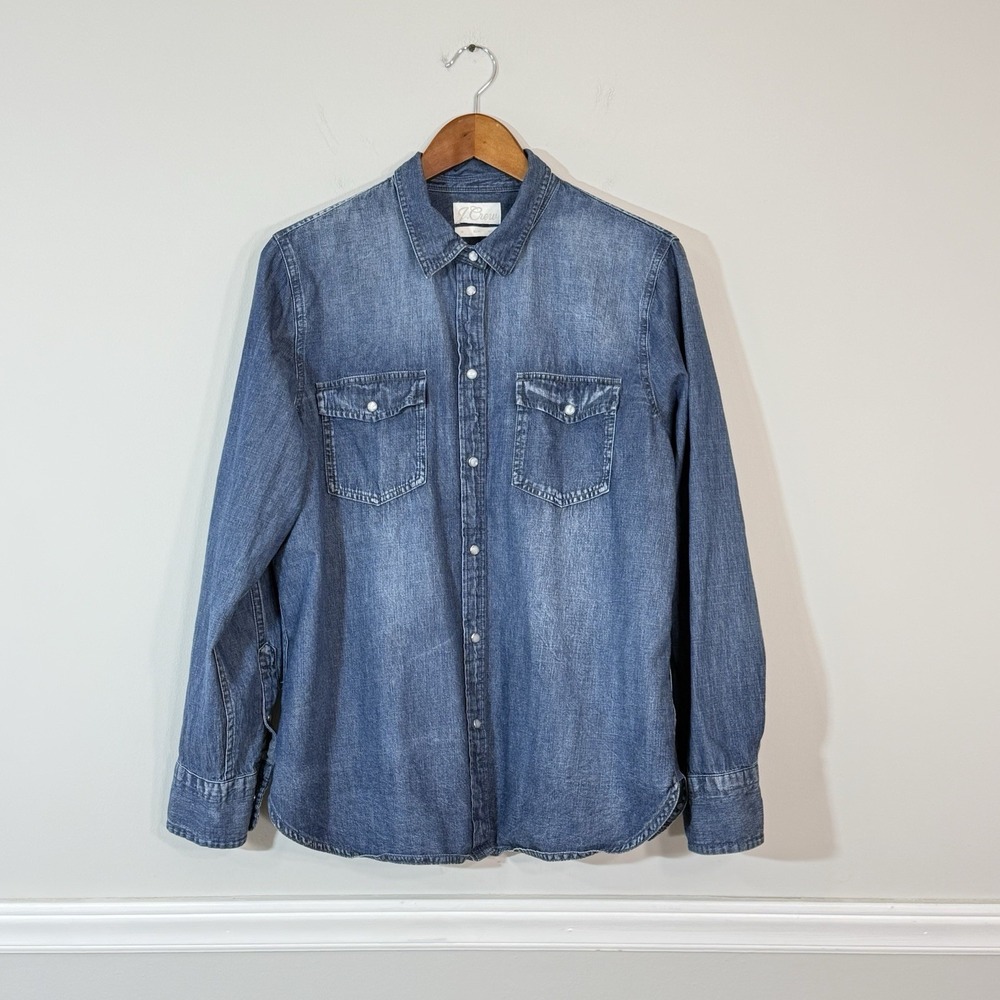 J Crew Slim-Fit Chambray Shirt Womans Sz 14 Western Pearl Snap Cotton Rodeo Boho - Picture 2 of 13